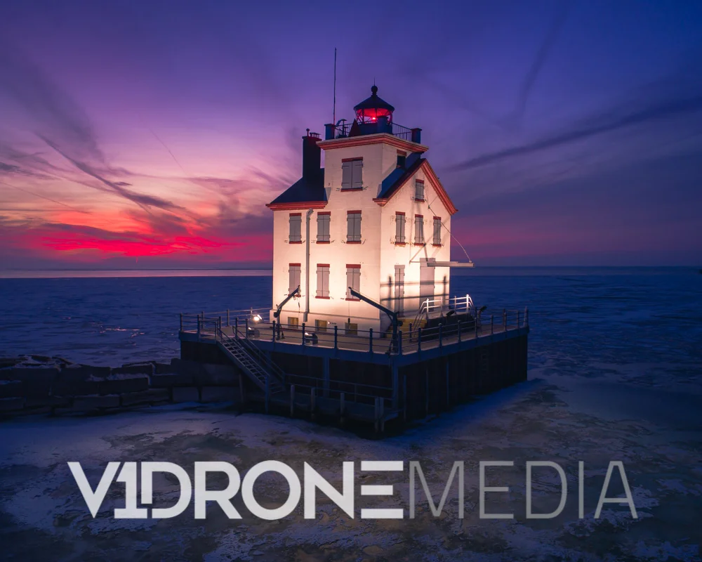 Aerial Canvas Print of Lorain Lighthouse at Winter Sunset in